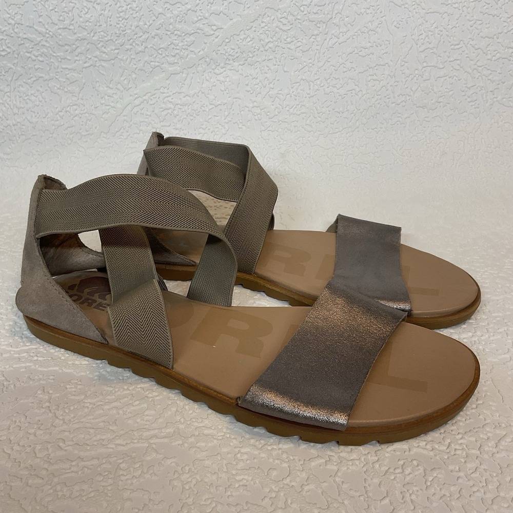 Women's sz 8 M SOREL Ella II Sandals Ash Brown Leather Flat Elastic Criss-Cross